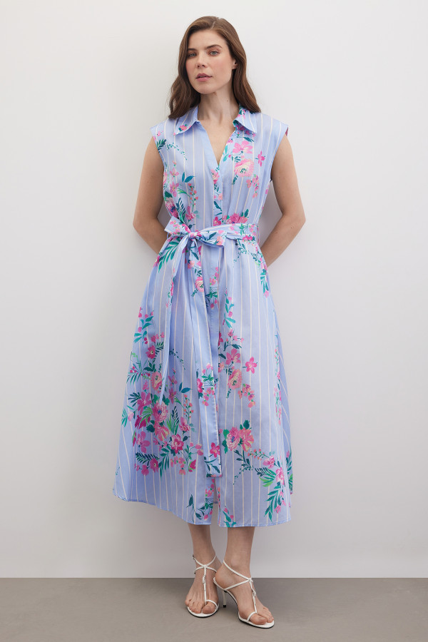 Платье-рубашка миди без рукавов с поясом с принтом