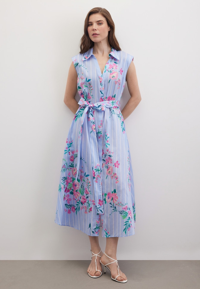 Платье-рубашка миди без рукавов с поясом с принтом