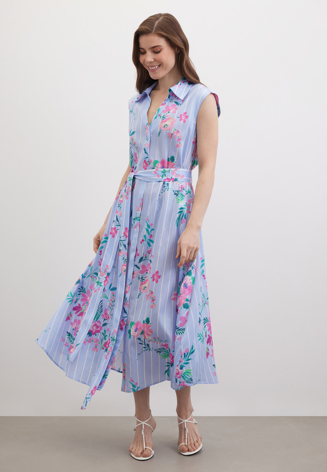 Платье-рубашка миди без рукавов с поясом с принтом