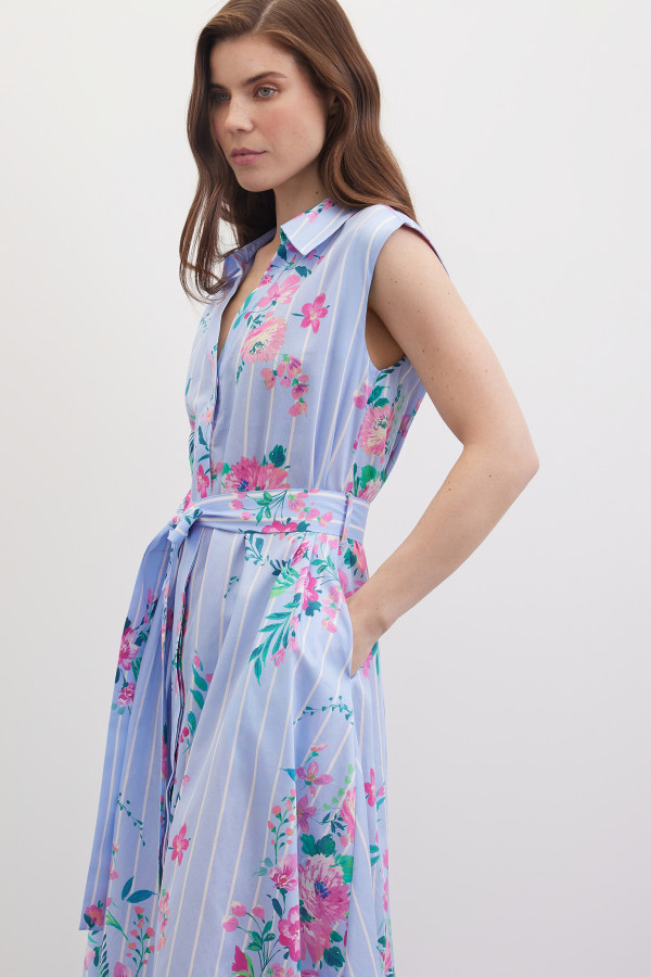 Платье-рубашка миди без рукавов с поясом с принтом