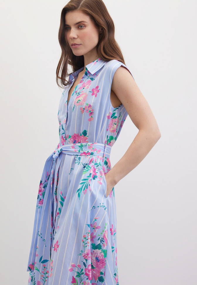 Платье-рубашка миди без рукавов с поясом с принтом